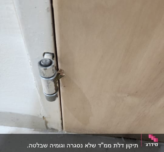 ציר דלת מתכת על משטח עץ